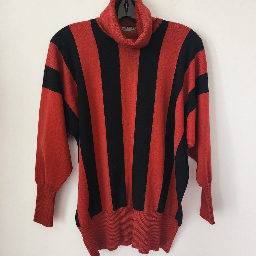 Vintage Jaeger Black Red Striped Dolman Sleeve  Wool Turtleneck Sweater